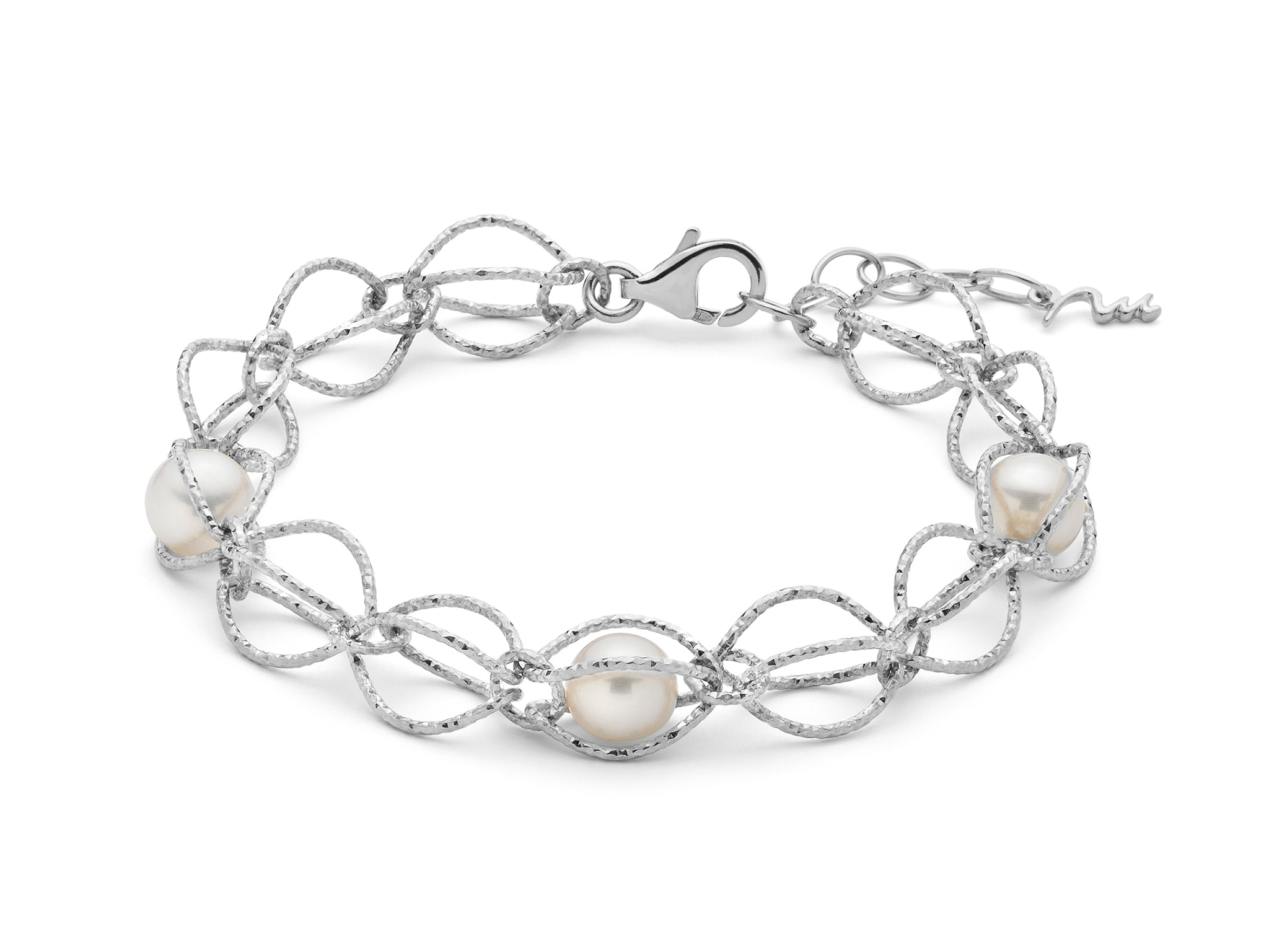 Bracciale in argento con maglia intrecciata e perle vere - PBR3345G