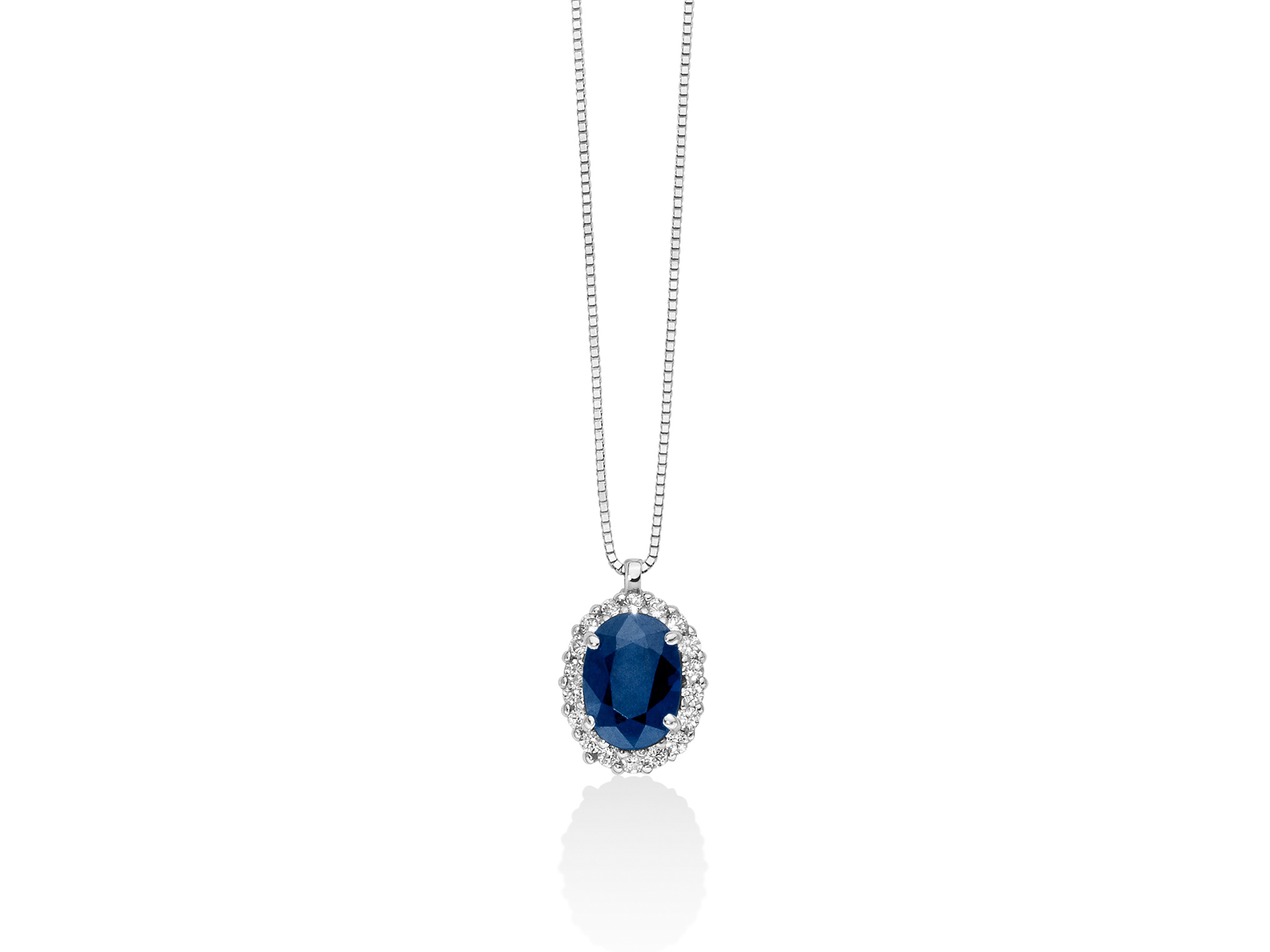 Collana in oro bianco con pendente in zaffiro blu e diamanti - CLD4093