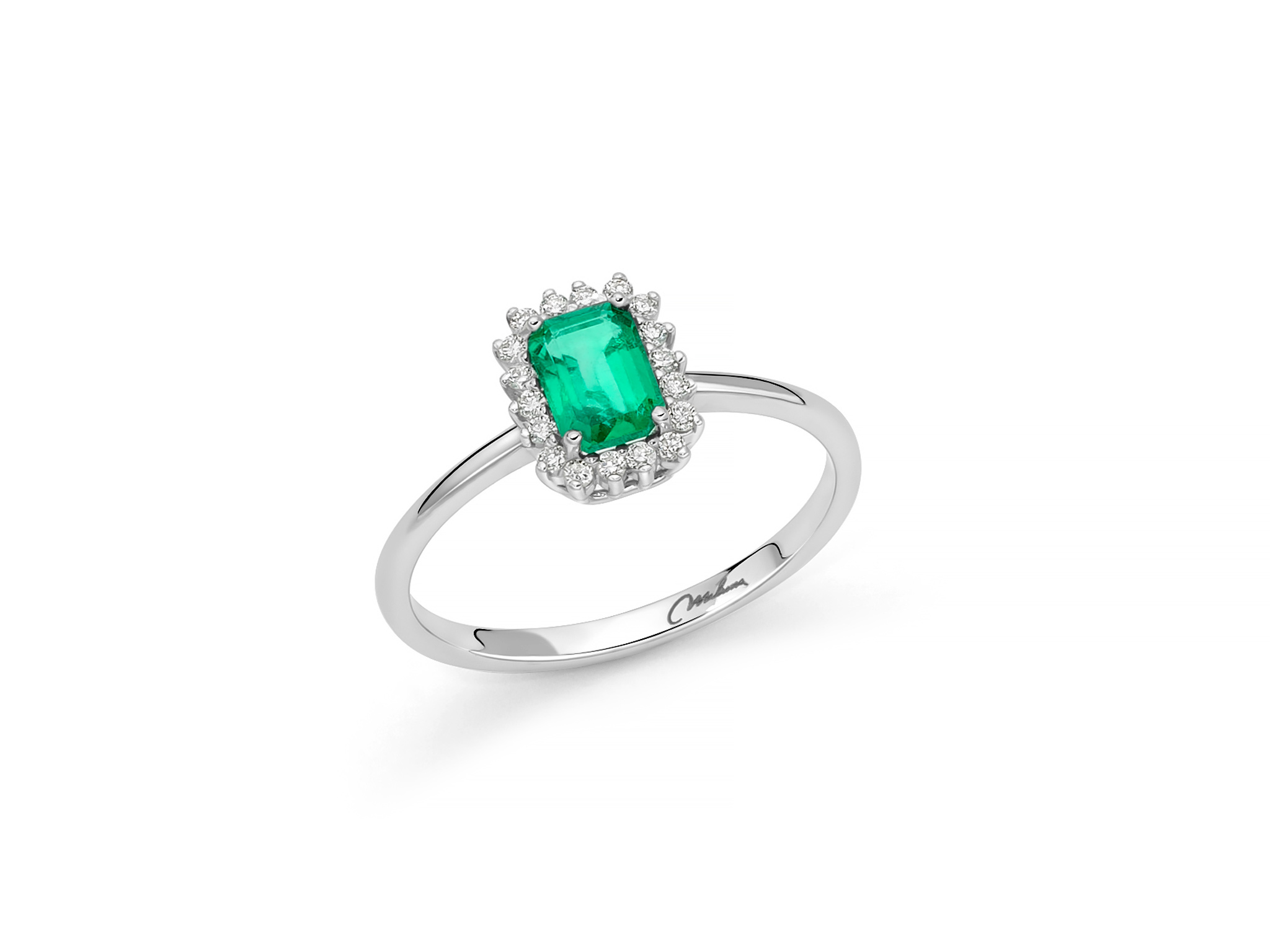 Anello in oro bianco 18 kt e smeraldo ottagonale circondato di diamanti - LID3675