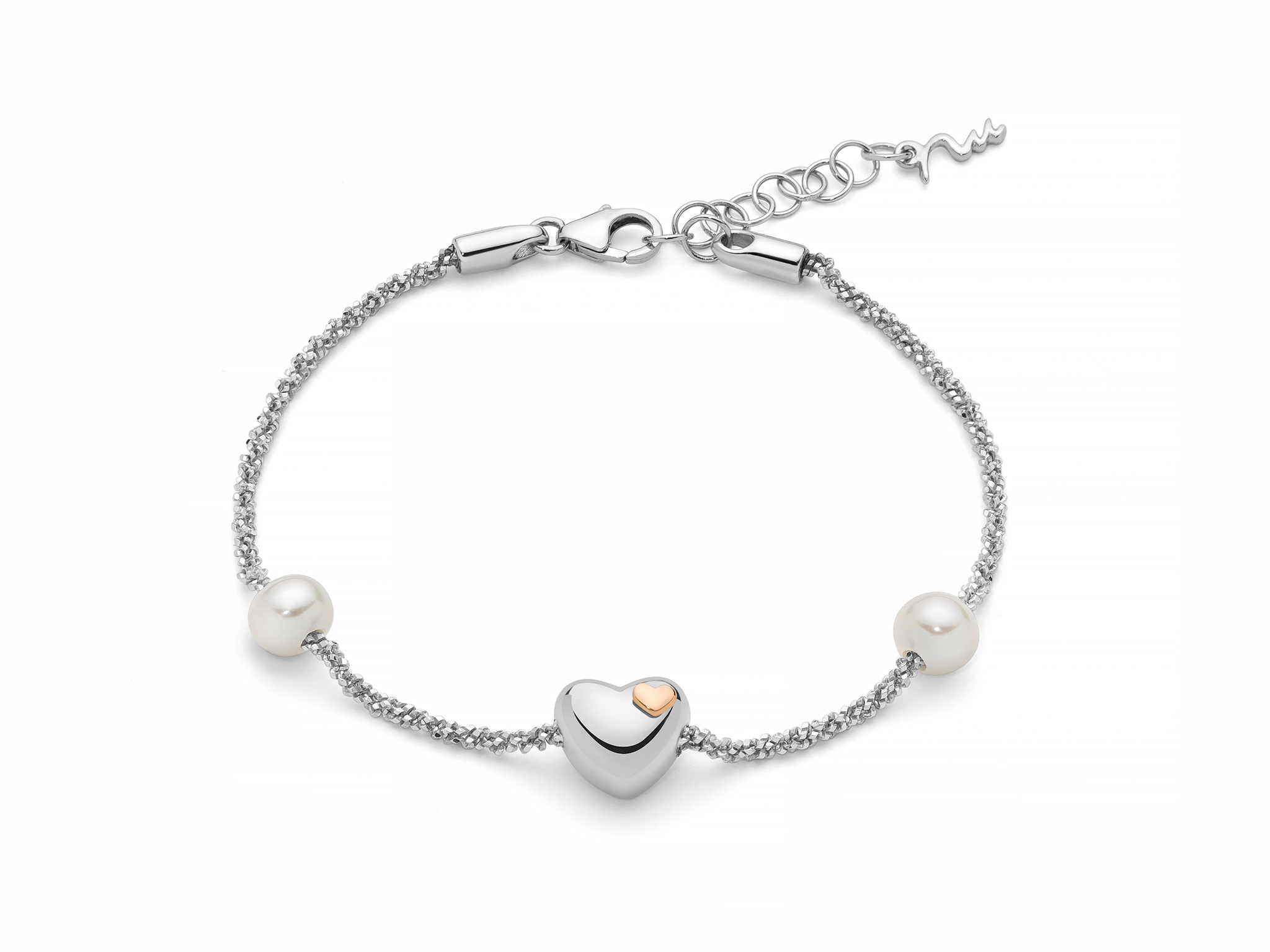 Bracciale in argento, due perle Oriente e cuore centrale - PBR3496
